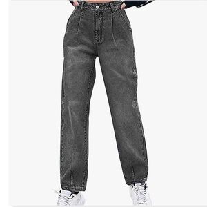 High-Waisted Washed Black Boyfriend Mom Denim Jeans. Sizes S